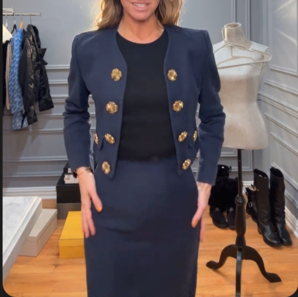 Moschino 90s Navy Blazer with Gold Accents and Skirt Set